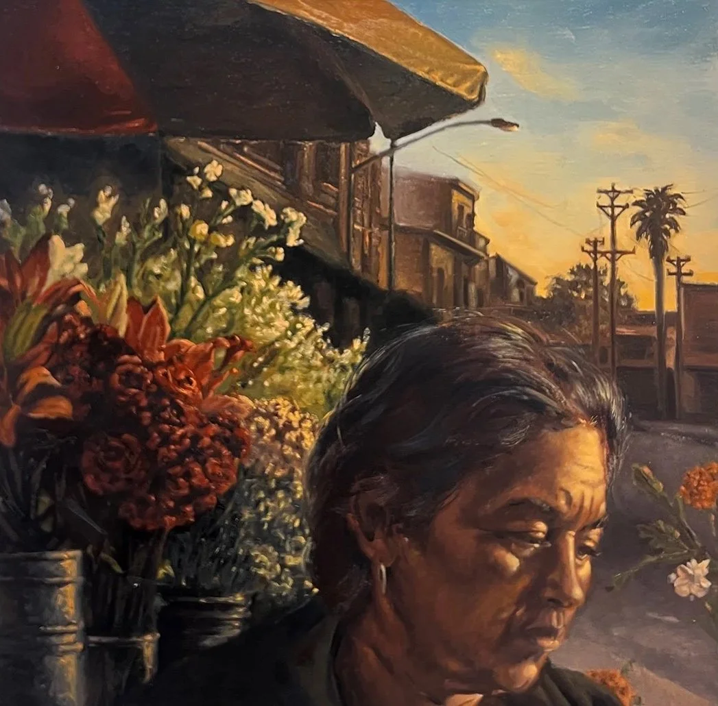 Avenue Bloom, oil painting by Alfredo Gonzalez (DOFRE), depicting an older woman beside colorful flowers, with buildings and a street scene behind her.