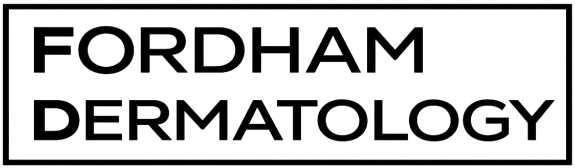 Logo for Fordham Dermatology with stylized text and a square graphic element.