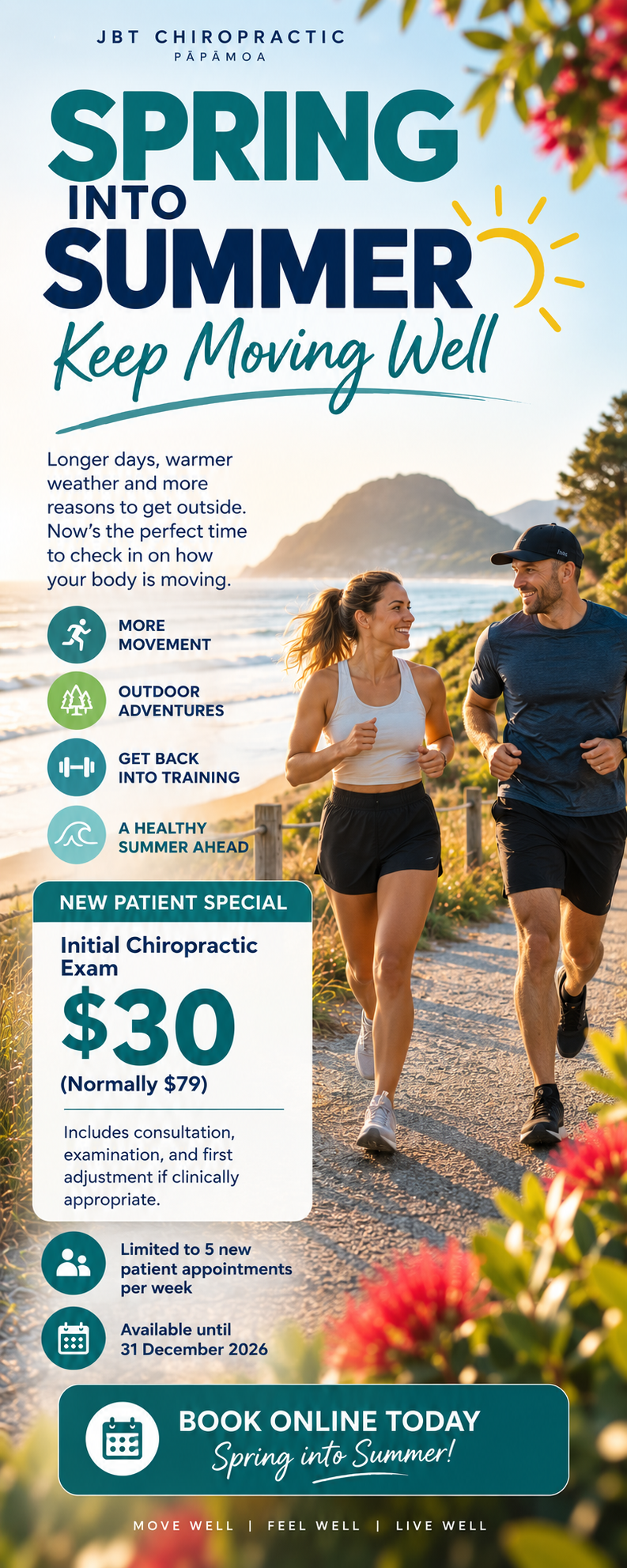 Looking for a chiropractor in Pāpāmoa? Discover JBT Chiropractic’s Spring Into Summer new patient offer, with an initial chiropractic examination for $30