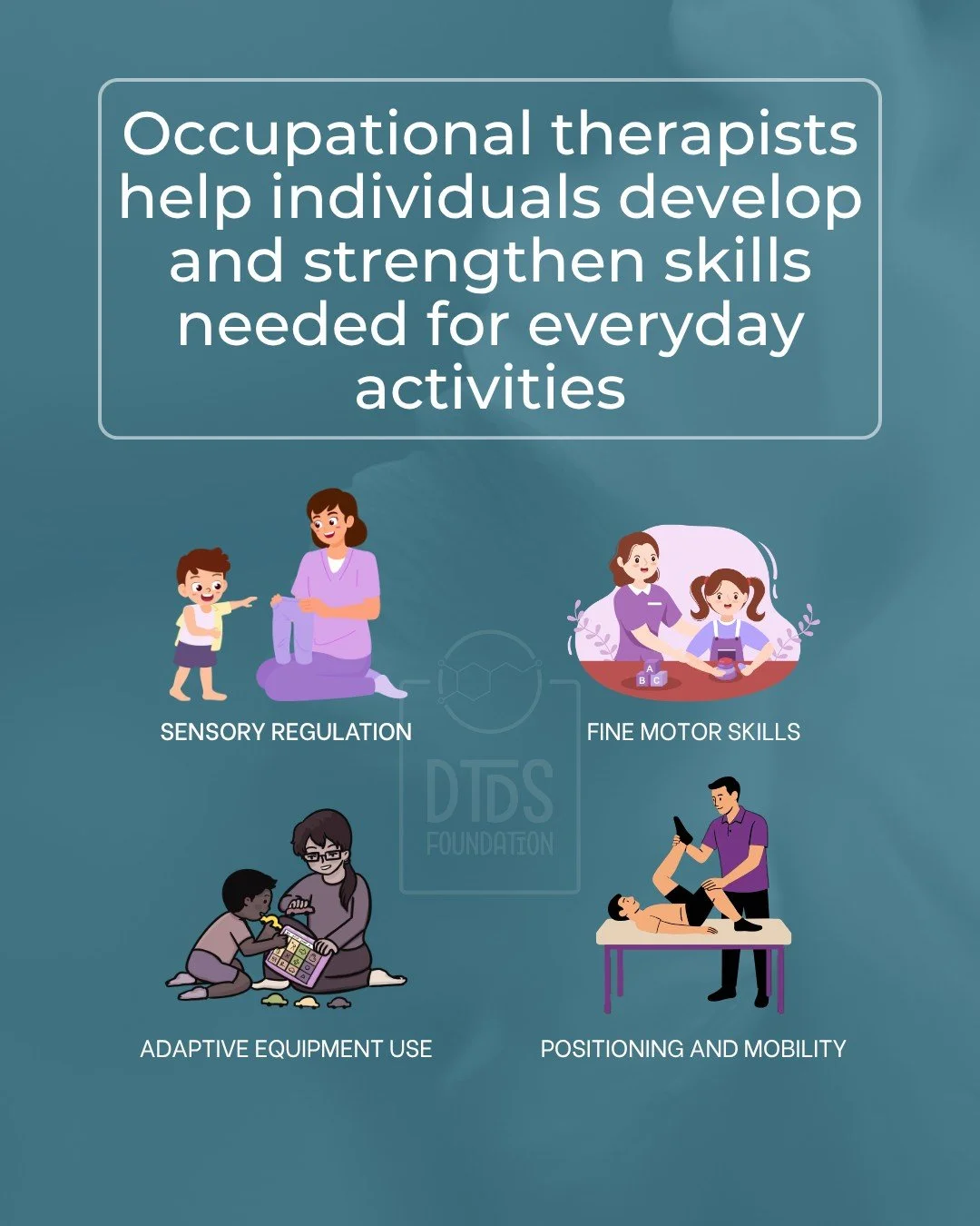 Occupational therapists help individuals develop and strengthen skills needed for everyday activities, including:

✨ Fine motor skills
✨ Sensory regulation
✨ Adaptive equipment use
✨ Positioning and mobility
✨ Play and learning

These therapies can m