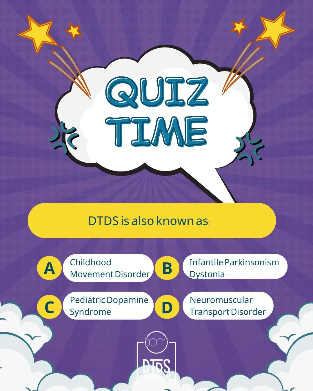 💡 Did you know? Quick Quiz!

DTDS is also known as:

A) Childhood Movement Disorder
B) Infantile Parkinsonism Dystonia
C) Pediatric Dopamine Syndrome
D) Neuromuscular Transport Disorder

👇 Comment your guess!

#DTDSAwareness #RareDiseaseCommunity #
