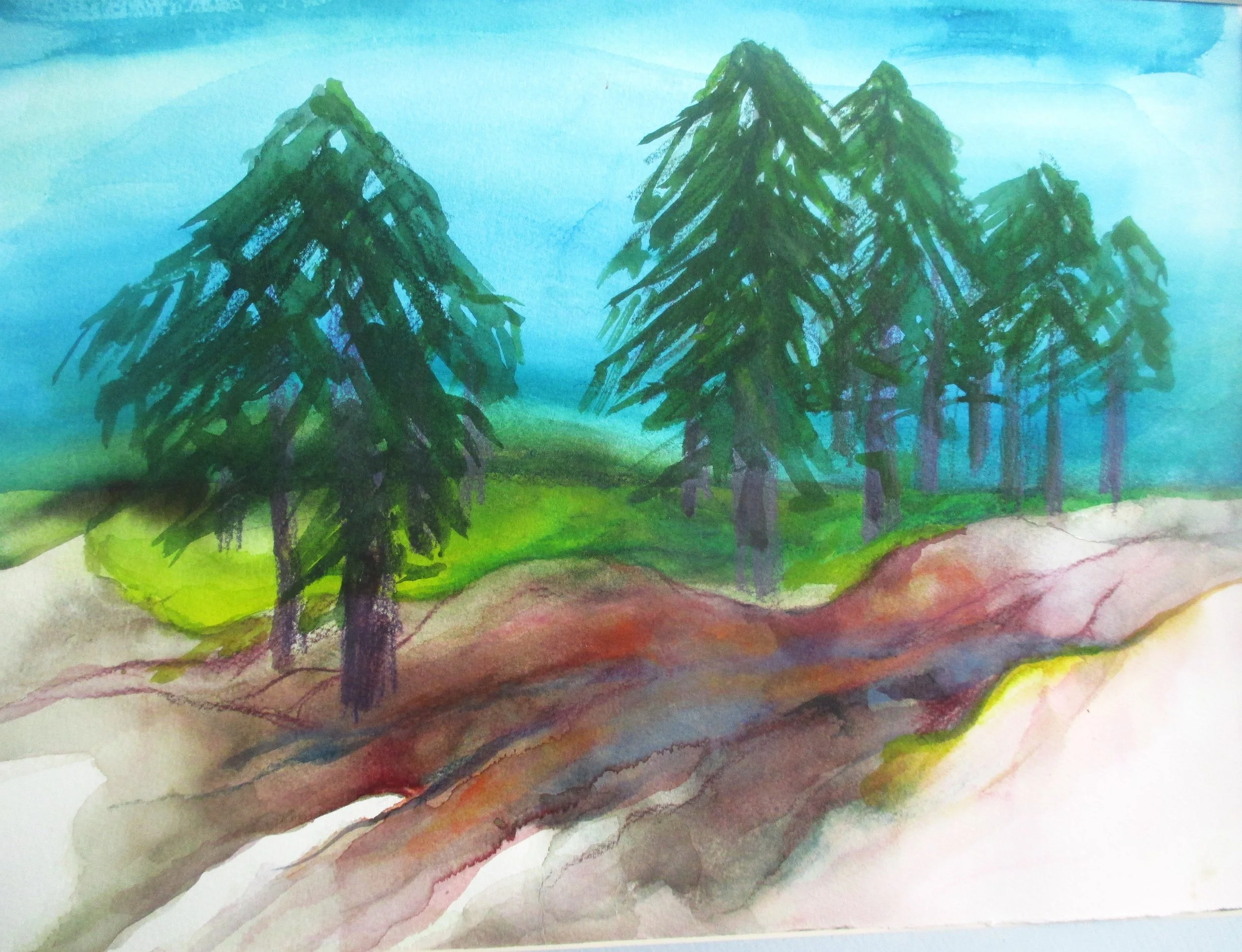 A watercolor painting of a forest with tall pine trees on a hillside, under a blue sky.