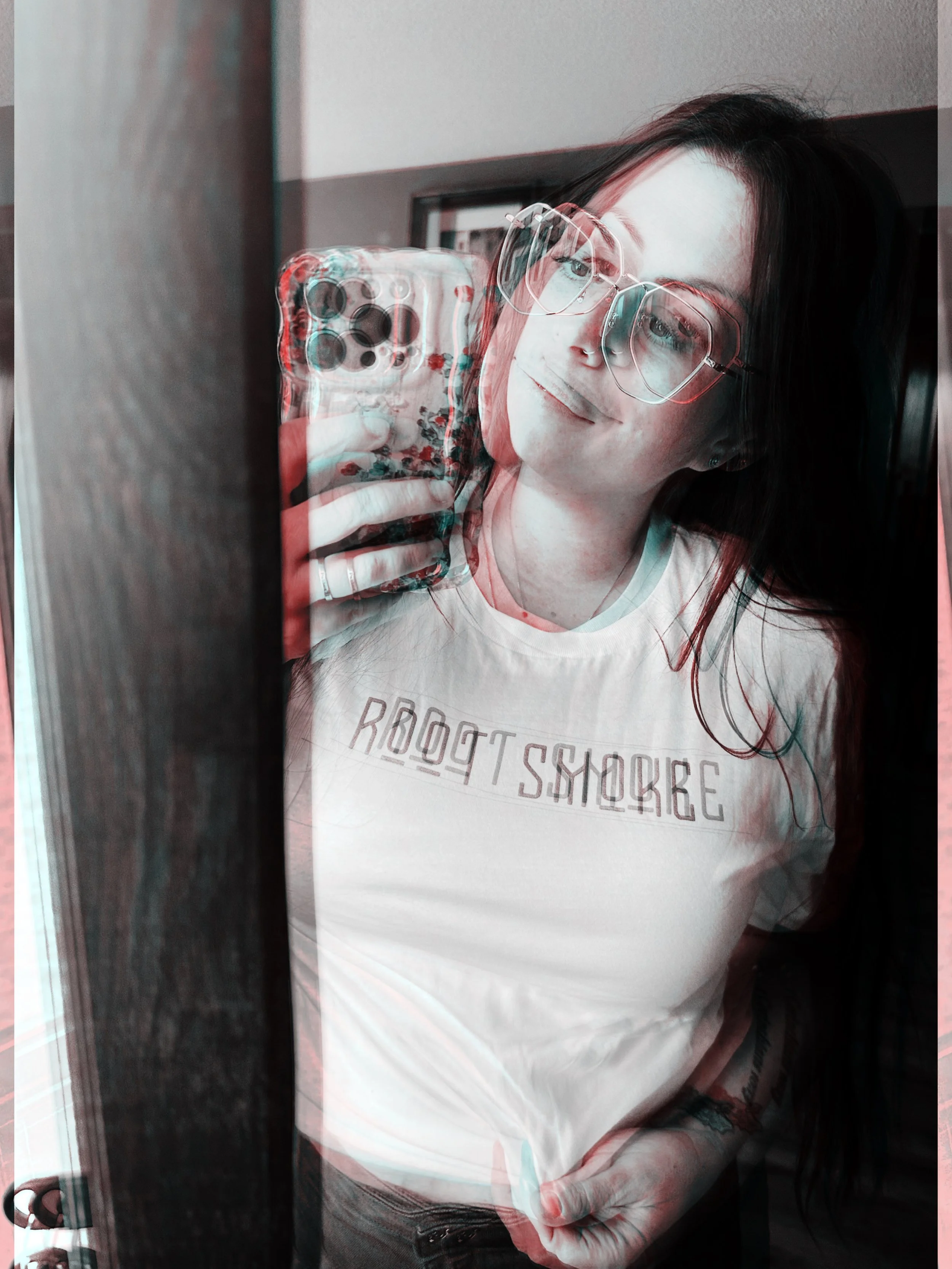 azia archer wearing a root smoke literary journal tshirt