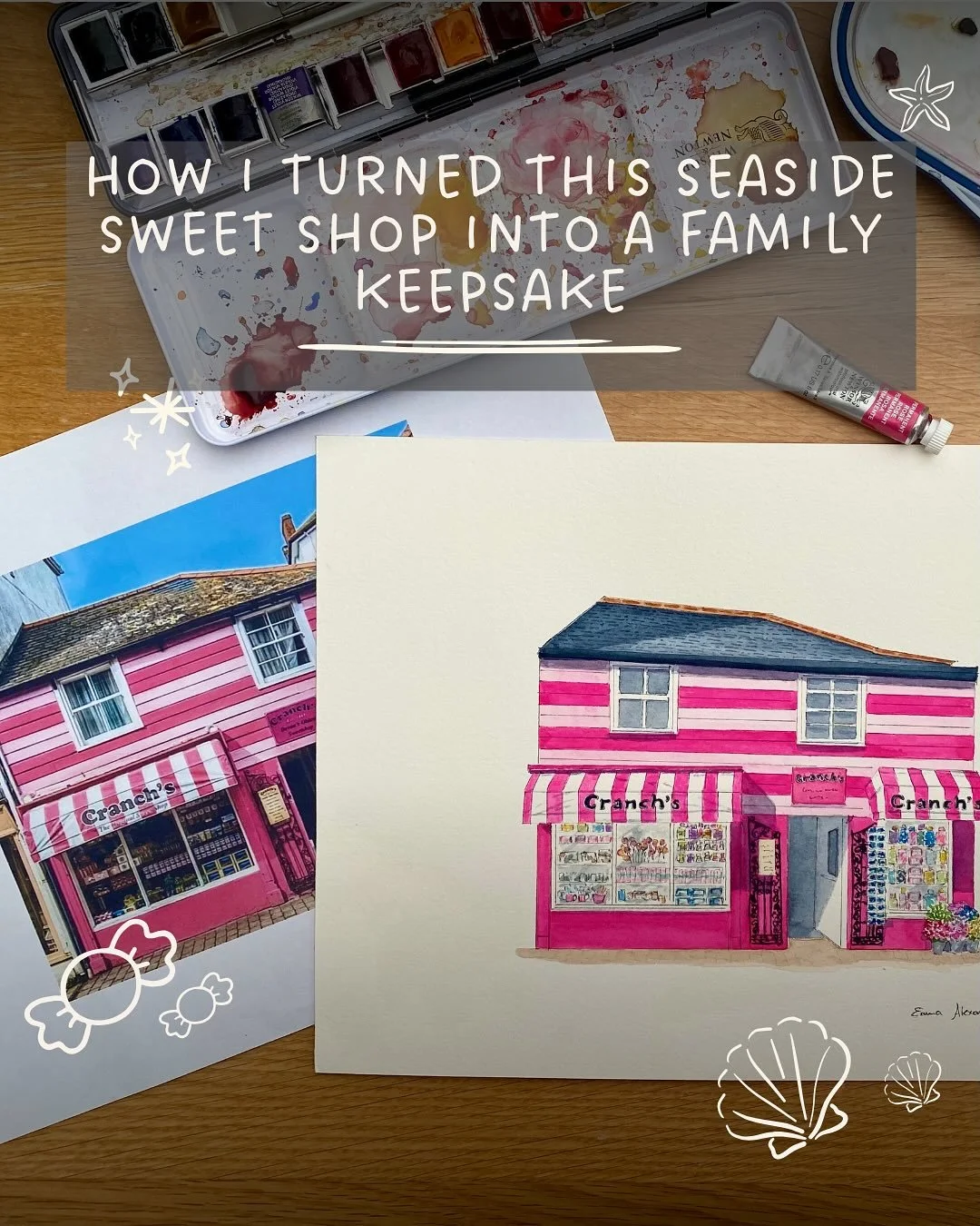 A little pink sweet shop by the sea 🍭 🌊 

I loved painting this commission of Cranch&rsquo;s Sweet Shop in Salcombe as a special birthday gift. It was so much fun capturing those iconic pink stripes and all those colourful jars of sweets. It was al