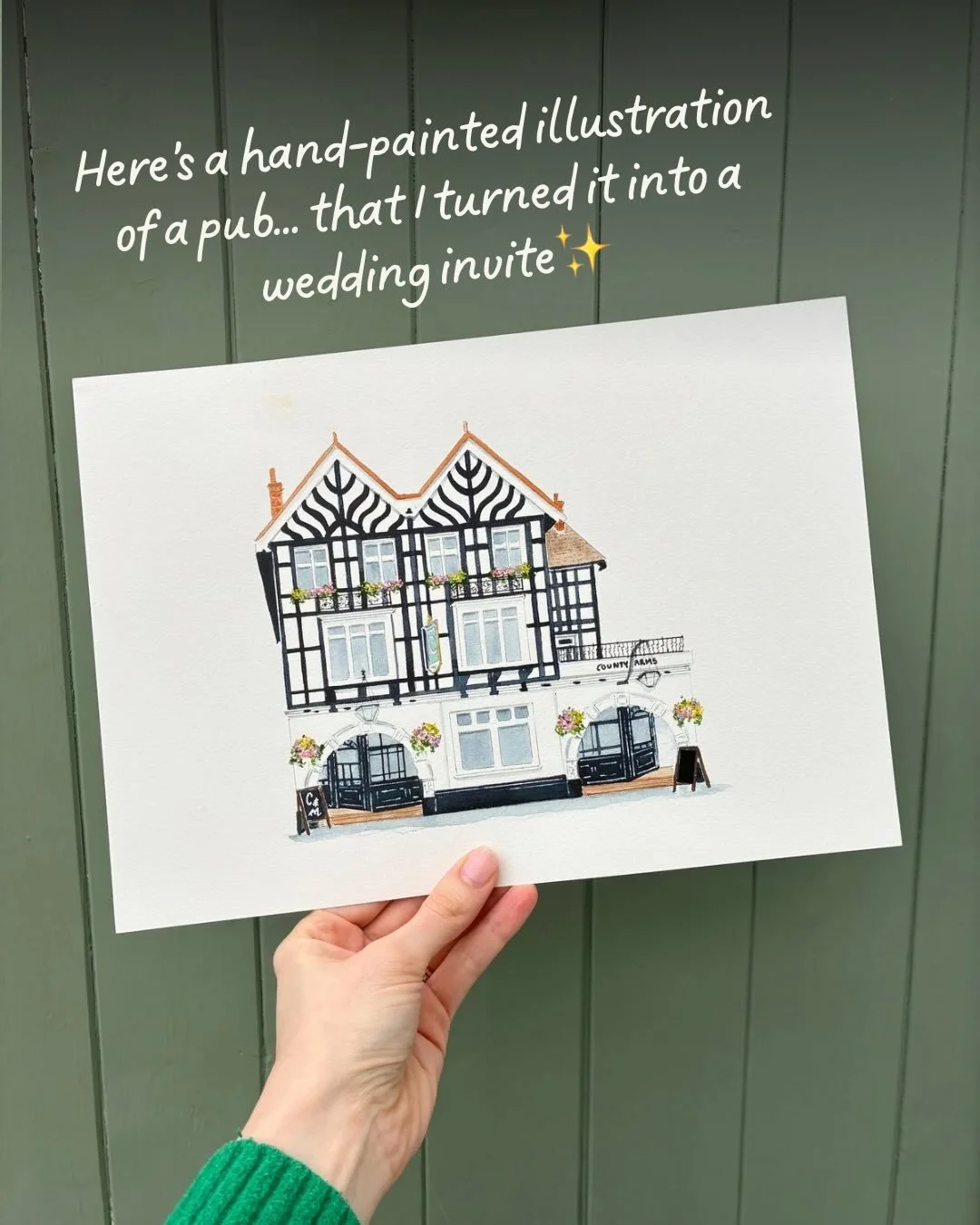 I was recently asked to paint @countyarms&hellip; and turn it into a wedding invitation ✨

Which I loved! 

We made a few tweaks to the pub&rsquo;s exterior to make it extra special. We removed the planter outside the pub, added colourful hanging bas