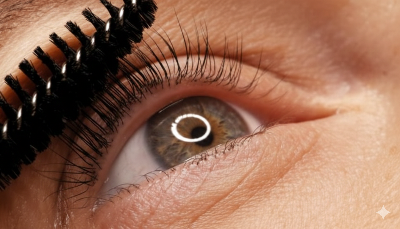 En kvinne får påsatt øyelokkforing, med en person som bruker en bomullspinne og en beholder, antagelig under en skjønnhetsbehandling.