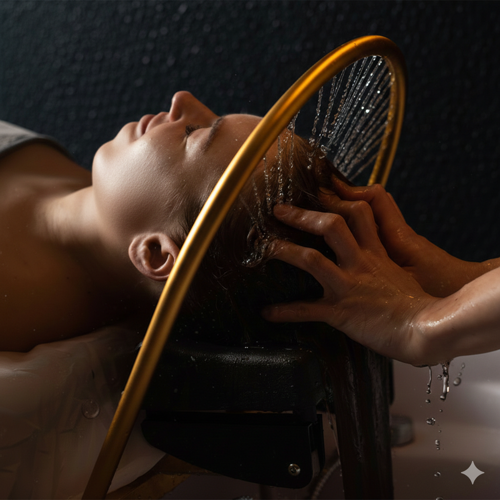 En person har vannstråler rettet mot hodet over en dusjhode.