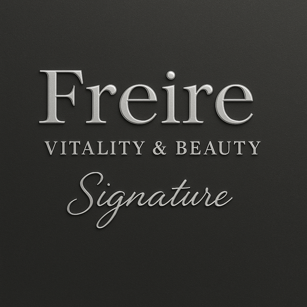 Sort bakgrunn med sølvfargede bokstaver som sier 'Freire VITALITY & BEAUTY Signature'. Logo. Klinikk. Keratinbehandling. PMU. Spa
