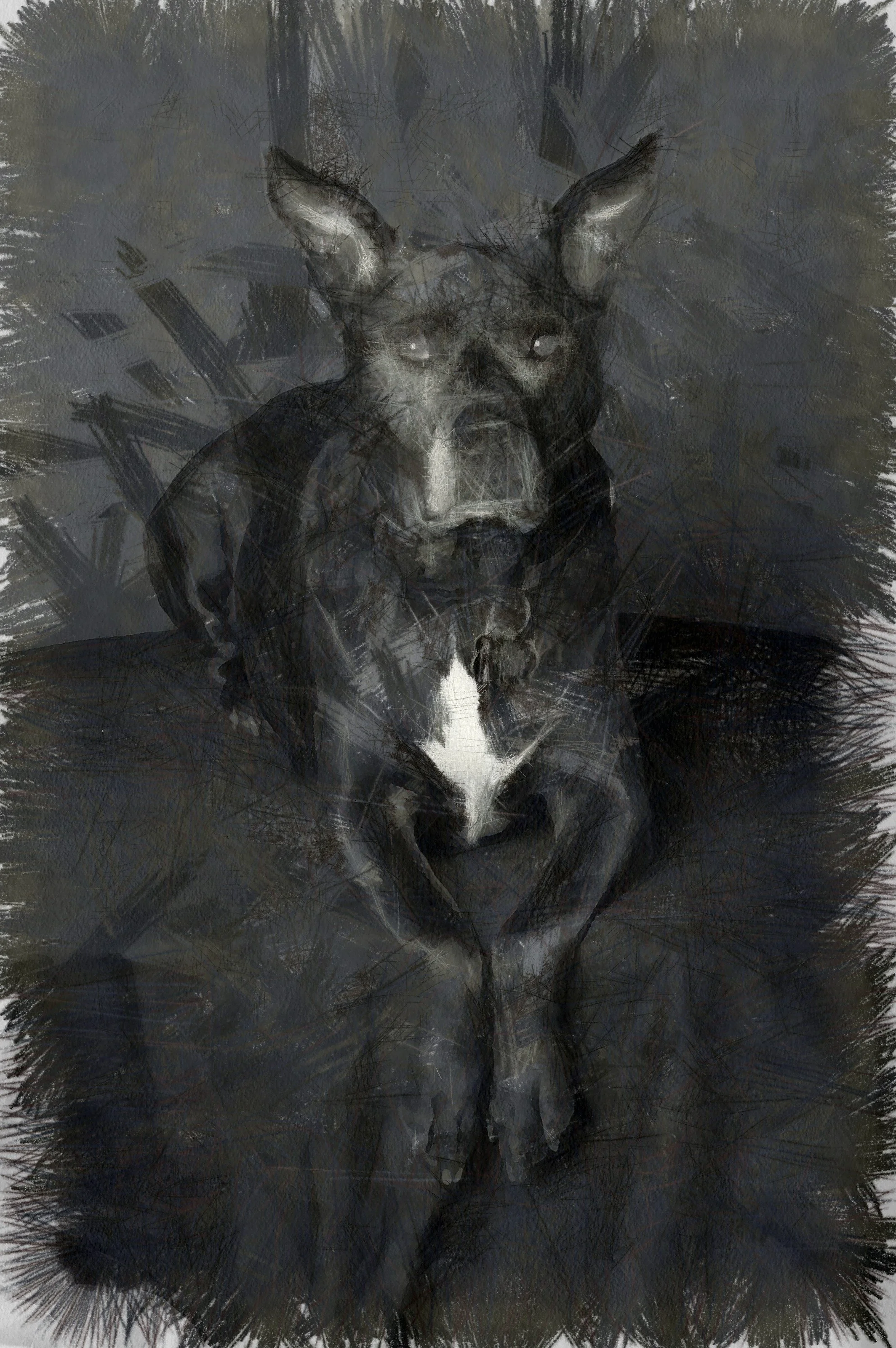 A sketch of a dog with a black, gray, and white coat, sitting and facing forward with a serious expression on its face.