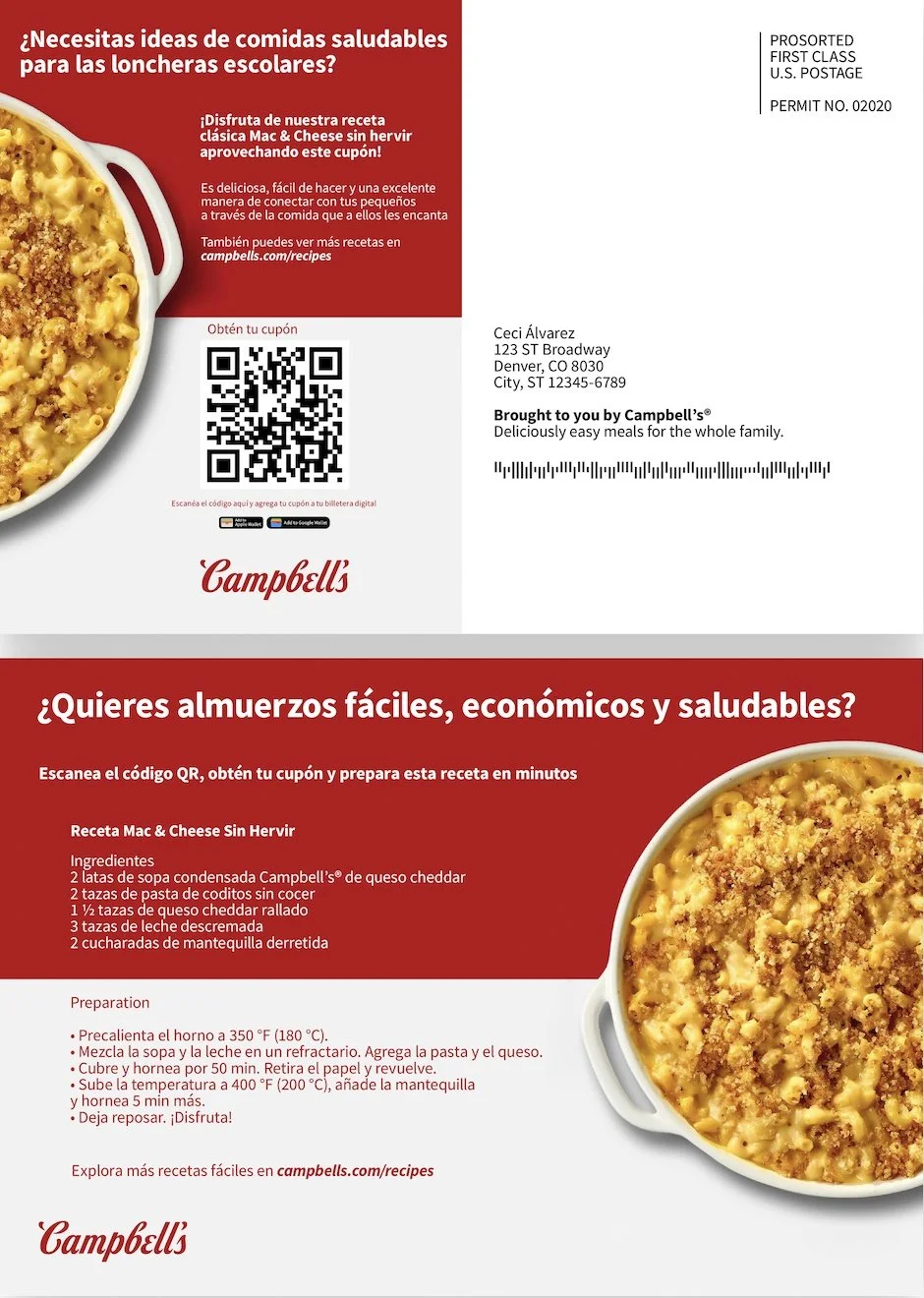 Cover of the direct mail mock-up for Campbell’s Soup. This cover guides visitors to explore bilingual print advertising samples featured in the portfolio.