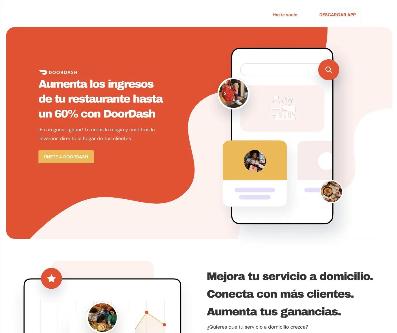 Vista previa de una maqueta de landing page de DoorDash, diseñada para atraer y asociarse con pequeños comercios de la comunidad latina. Proyecto especulativo.