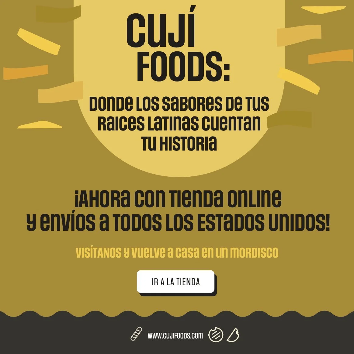 Portada de la maqueta del banner publicitario estático para Cuji Foods. Esta portada dirige a los visitantes a explorar muestras de publicidad digital incluidas en el portafolio.