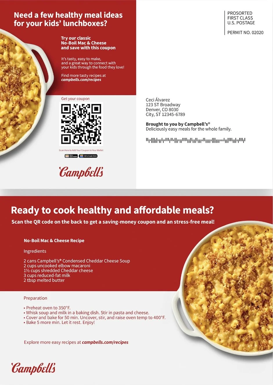Preview of Campbell’s Soup bilingual direct mail piece featuring recipes and a digital coupon, designed to engage English-speaking families at home.