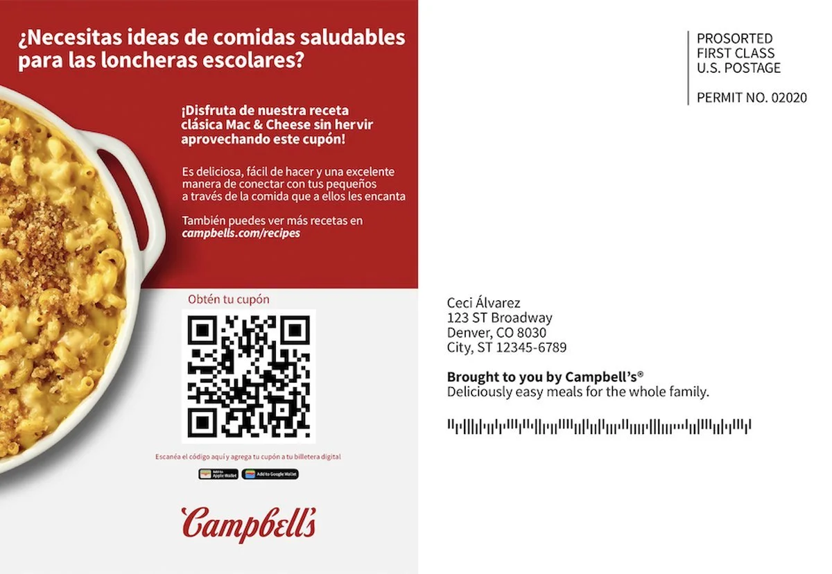 Portada de la maqueta de correspondencia publicitaria para Campbell’s Soup. Esta portada guía a los visitantes a explorar muestras de publicidad impresa bilingüe incluidas en el portafolio.