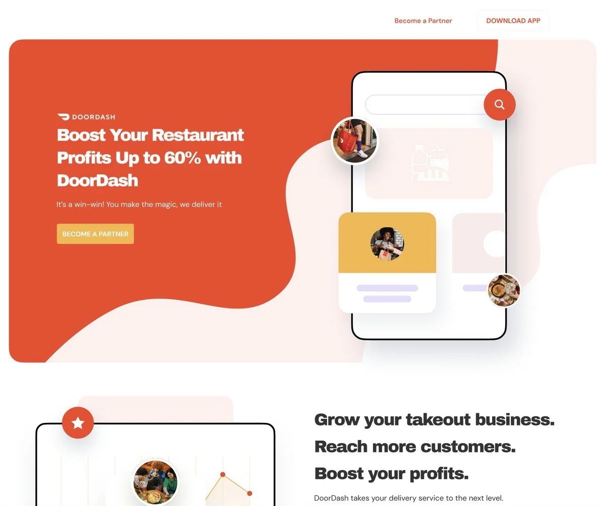 Preview of a landing page mockup for DoorDash, designed to increase partnerships with small business owners. speculative project.