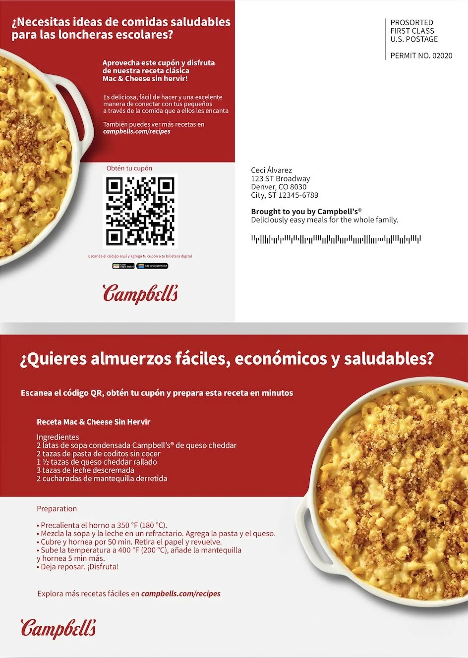 Vista previa de la correspondencia bilingüe de Campbell’s Soup con recetas y cupón digital, diseñada para atraer a familias hispanohablantes desde su hogar.