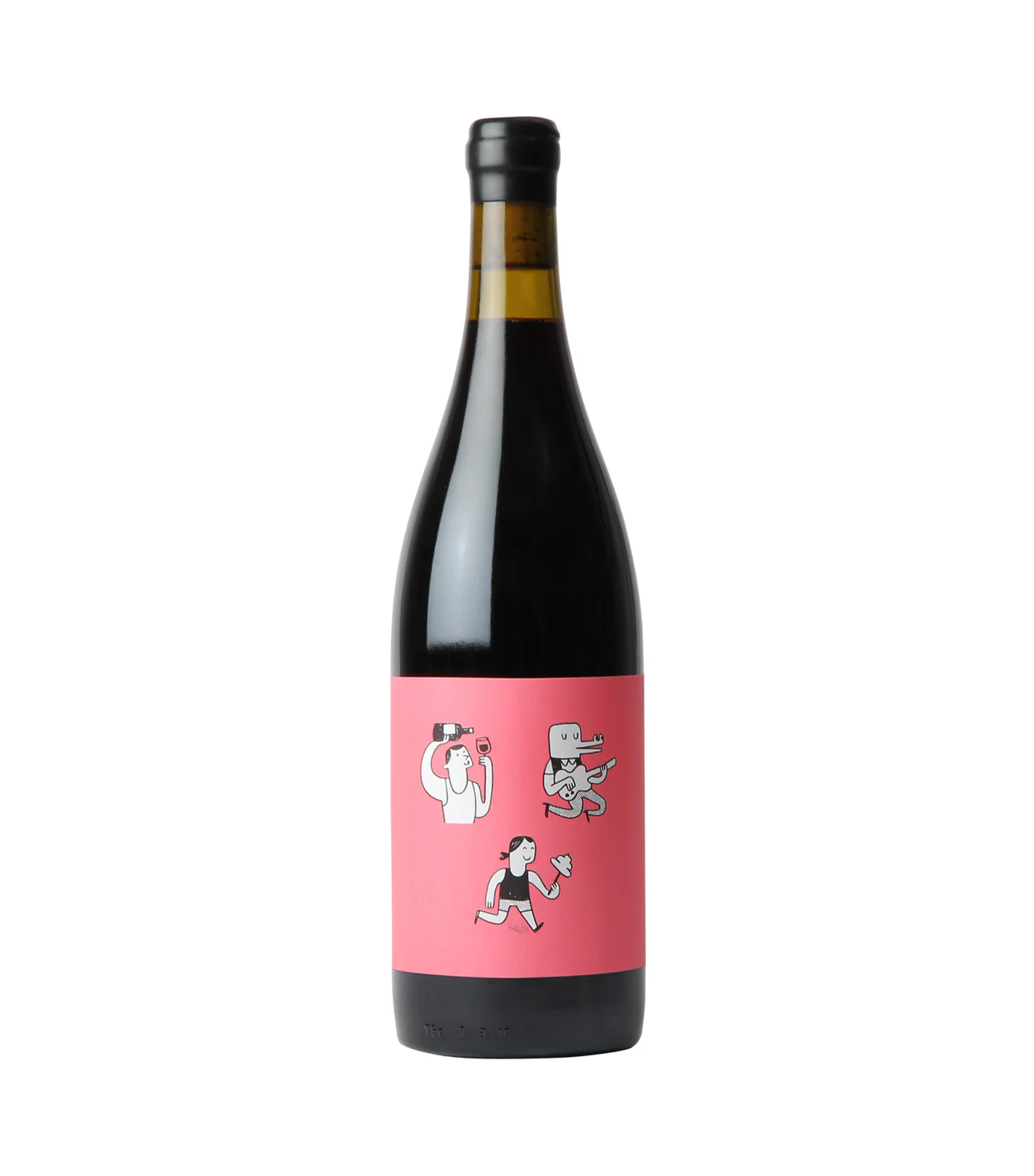 A dark wine bottle with a black cap and a pink label featuring illustrated characters engaging in various activities.