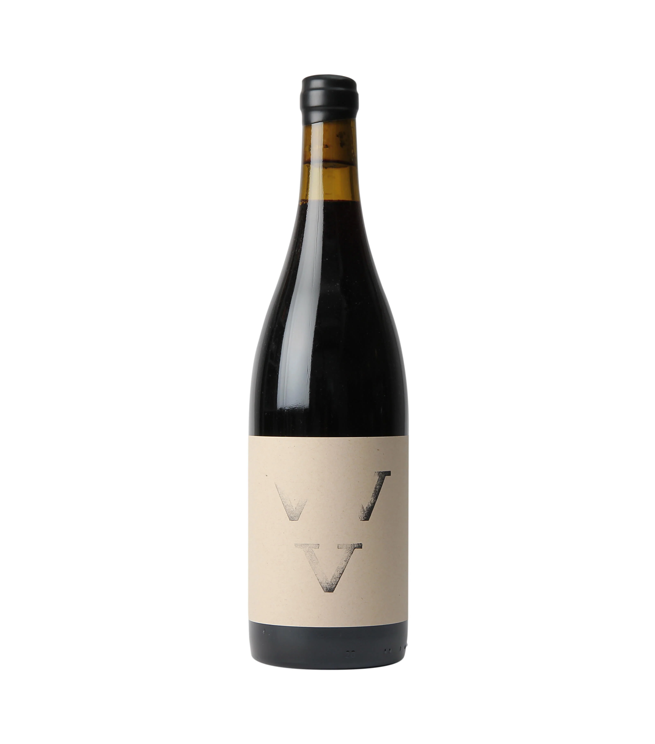 A wine bottle with a black wax cap, set against a plain white background, featuring a minimalist label with some partially visible black V text.