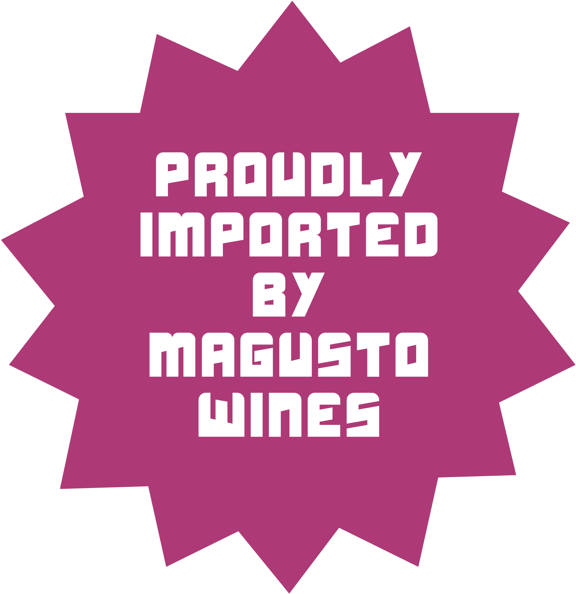 Purple starburst graphic with the phrase "Proudly Imported by Magusto Wines" in white capital letters.