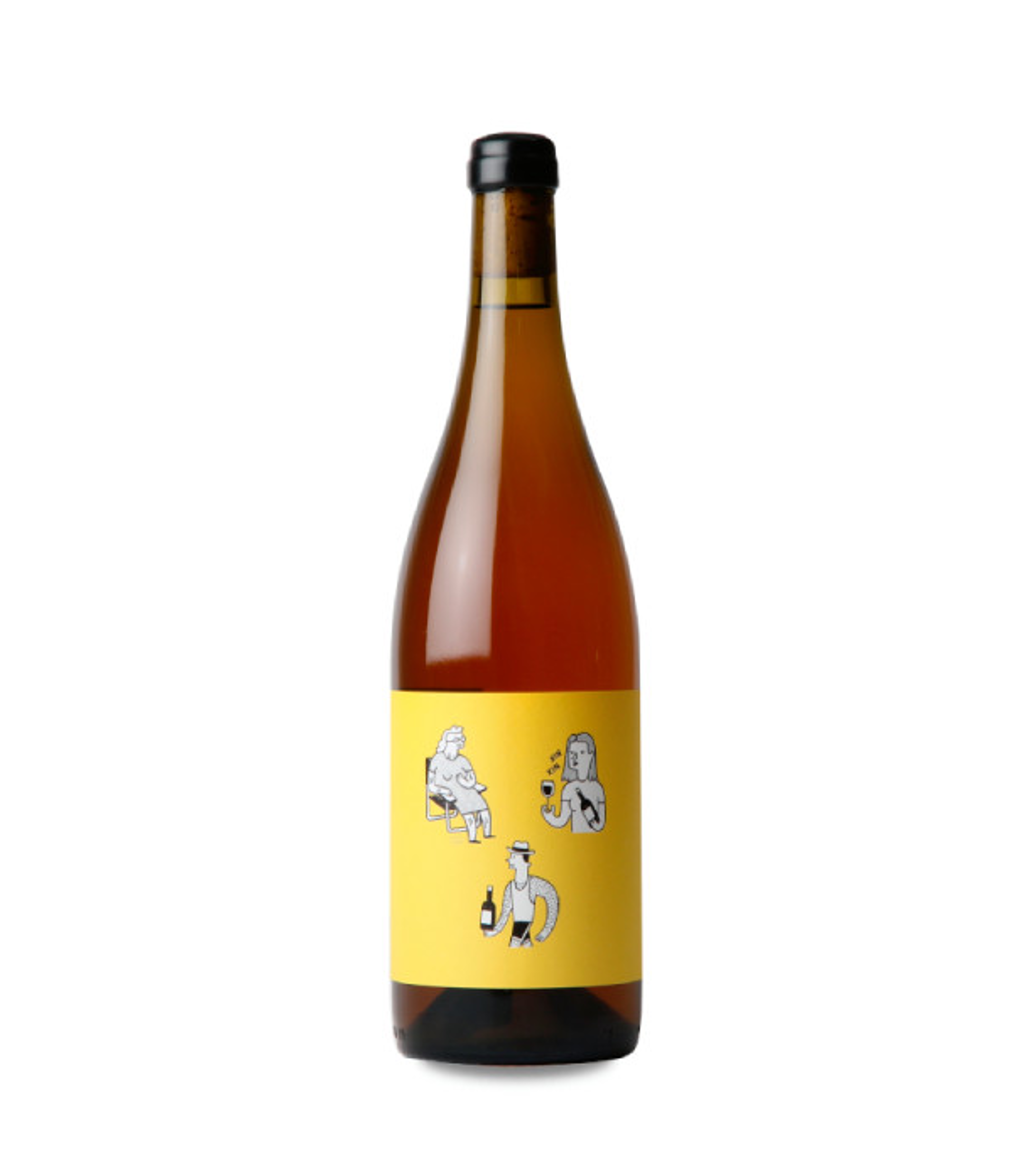 A wine bottle with a yellow label that has cartoon illustrations of people, including a woman with a cat and a man with a wine glass, standing against a white background.