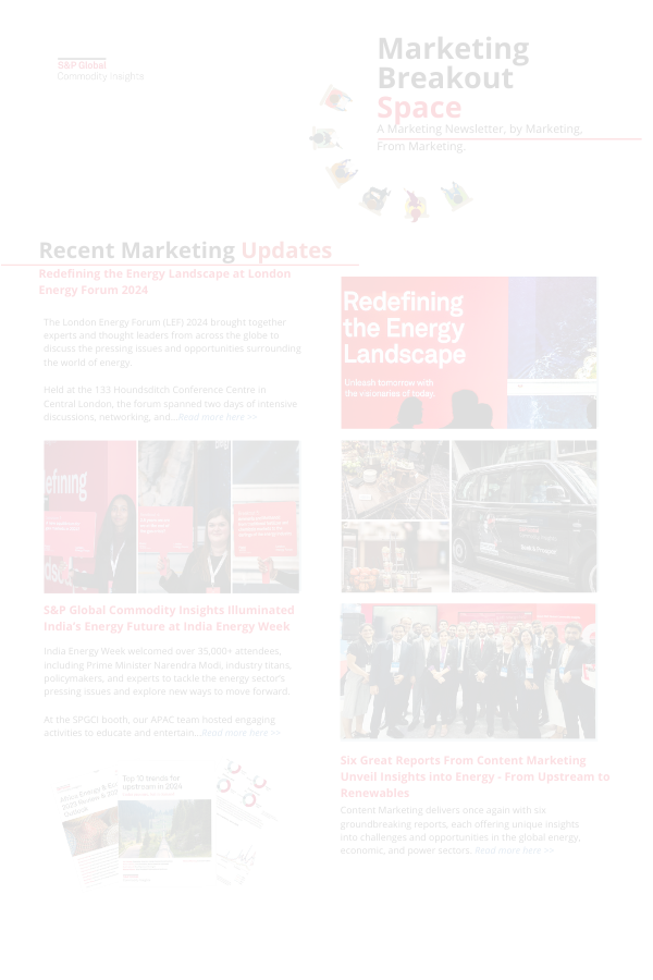 Marketing Breakout Space newsletter featuring recent marketing updates on energy forums and reports, including details on the London Energy Forum 2024 and India Energy Week. Includes images of forum attendees, booths, and promotional materials.