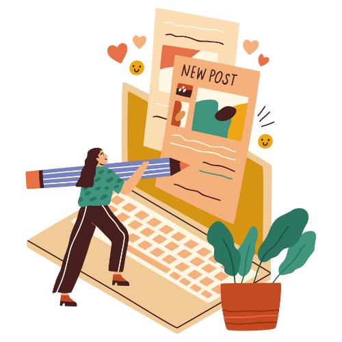 Illustration of a person writing a blog post on a laptop with oversized pencil, surrounded by graphics like hearts, smiley faces, and a plant.