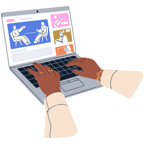 Illustration of hands typing on a laptop displaying a webpage with graphics of people in conversation, books, and various visual elements.