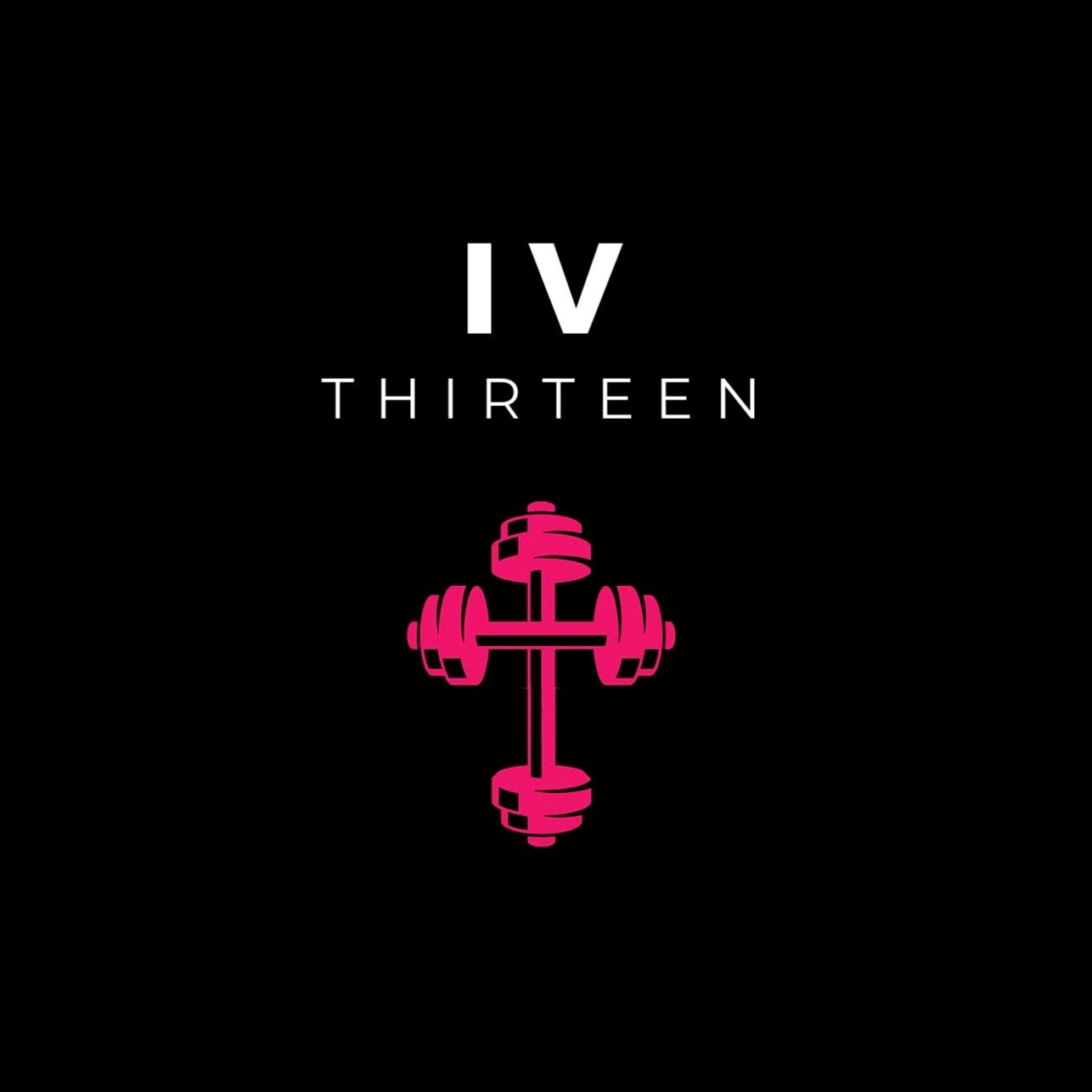 "IV Thirteen" text with pink dumbbell cross logo on black background.