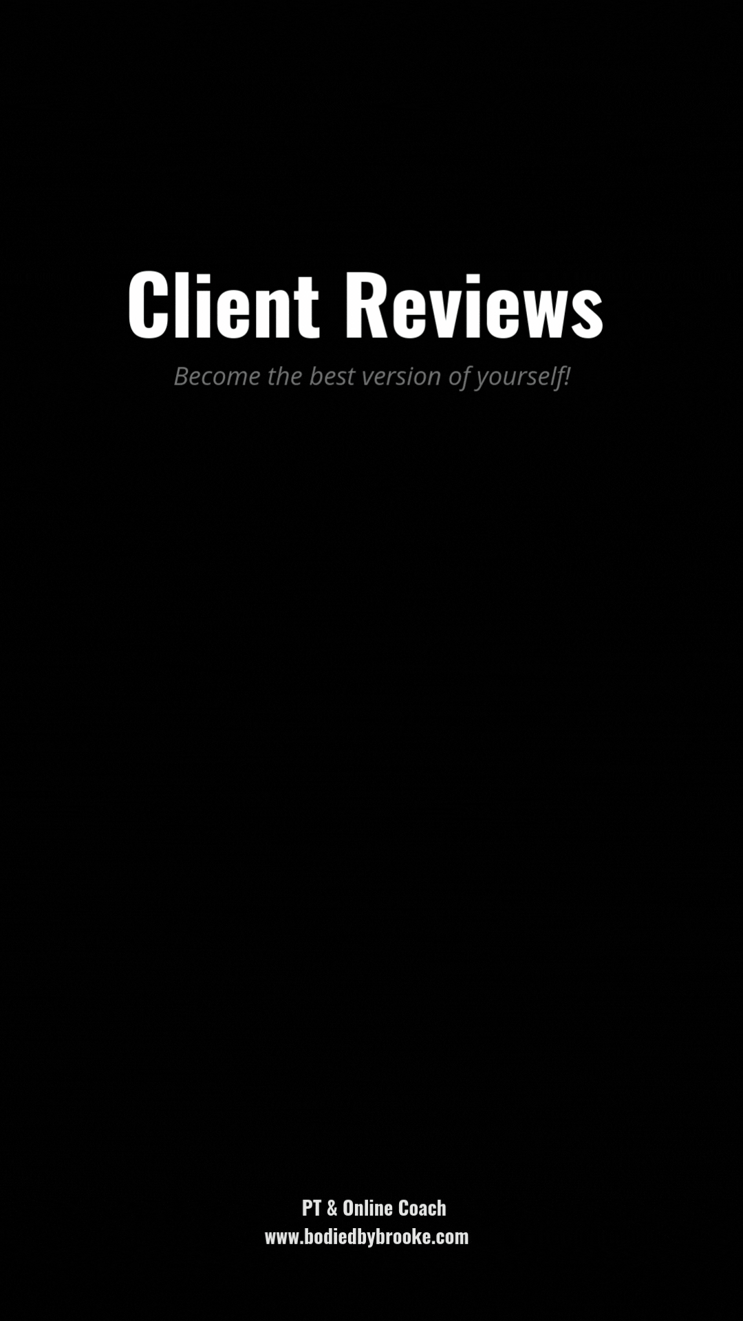 "Client Reviews" text with a motivational subtitle and contact information for a personal trainer and online coach.