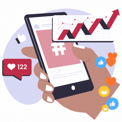 Illustration of a hand holding a smartphone displaying a hashtag, surrounded by social media icons like likes and emojis, with an upward trending graph.