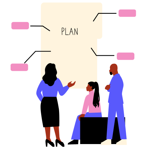 Illustration of three people discussing a plan shown on a large sheet with labeled points.