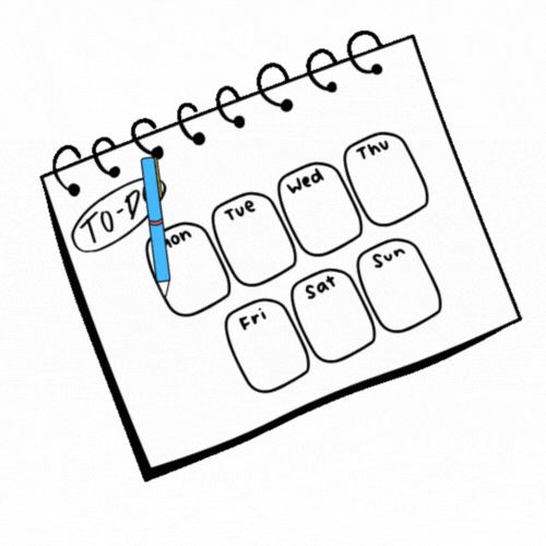 Illustration of a weekly planner with days from Monday to Sunday and a blue pen.