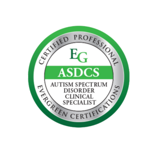 Circular certification badge for ASDCS, Autism Spectrum Disorder Clinical Specialist, with green and white colors and text indicating 'Certified Professional' and 'Evergreen Certifications'.