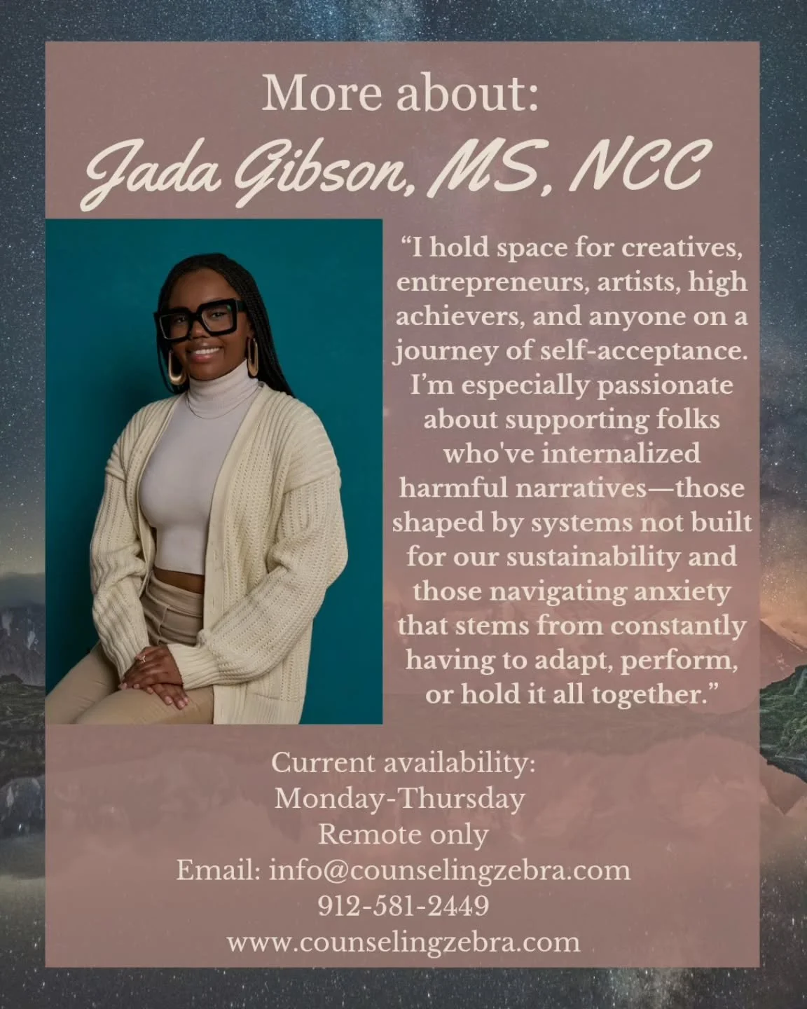 Learn more about Jada Gibson, MS, NCC 💫
Jada creates a compassionate, affirming space for creatives, high achievers, artists, and anyone navigating self-acceptance and healing from harmful narratives. Her work is rooted in holding space for those wh