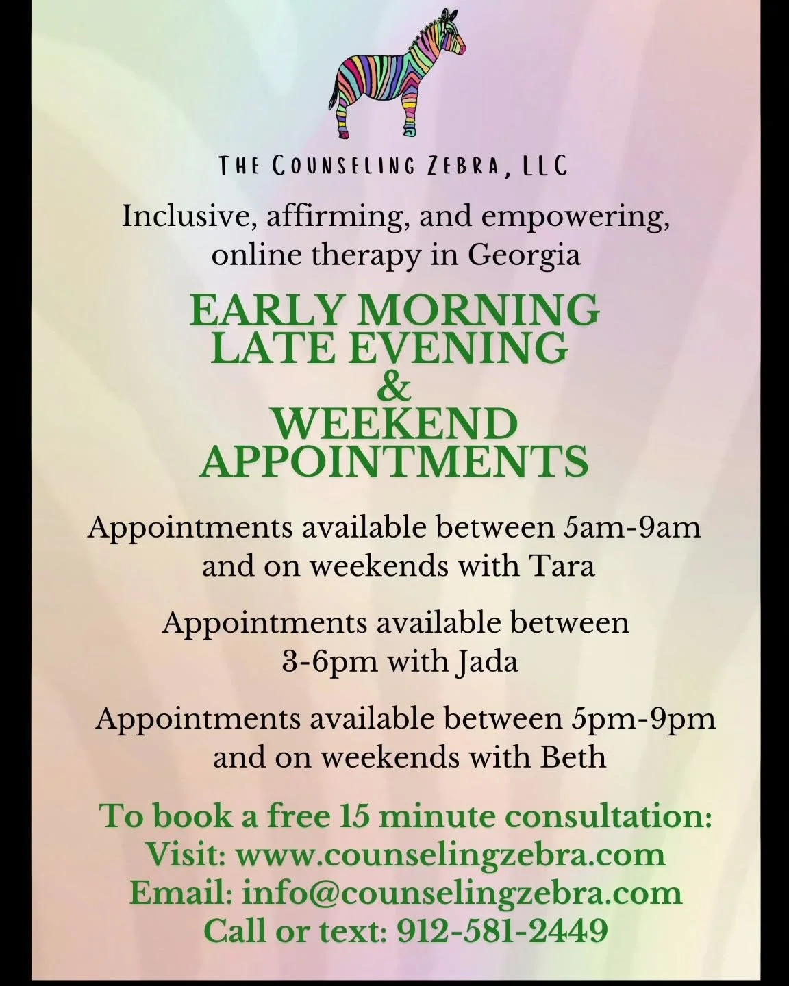 🌈 Looking for therapy that fits your schedule and affirms who you are? The Counseling Zebra, LLC offers early morning, late evening, and weekend online therapy sessions across Georgia. 🦓✨
Connect with Tara, Jada, or Beth for inclusive, empowering s