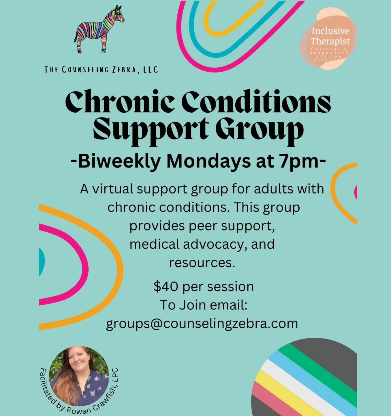 ✨️New hours and pricing✨️
This is a virtual, biweekly peer support group for adults with chronic conditions and chronic pain, offering peer support, medical advocacy, and resources. The group is facilitated by Rowan Crawfish, LPC, ATR-P, NCC whose ph