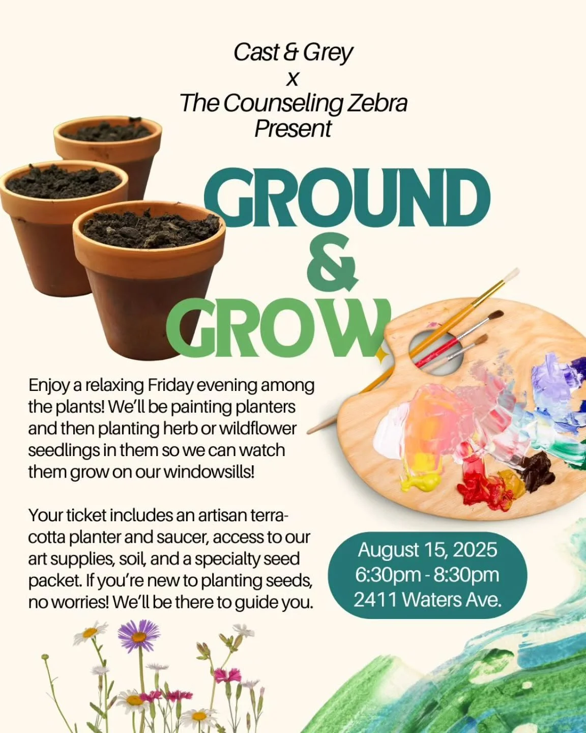 🌿🎨 Ground &amp; Grow 🌱✨
Join us for a cozy, creative evening with Cast &amp; Grey x The Counseling Zebra! We&rsquo;ll be painting artisan terra-cotta planters and planting herb or wildflower seeds to brighten up your space and your spirit. Whether