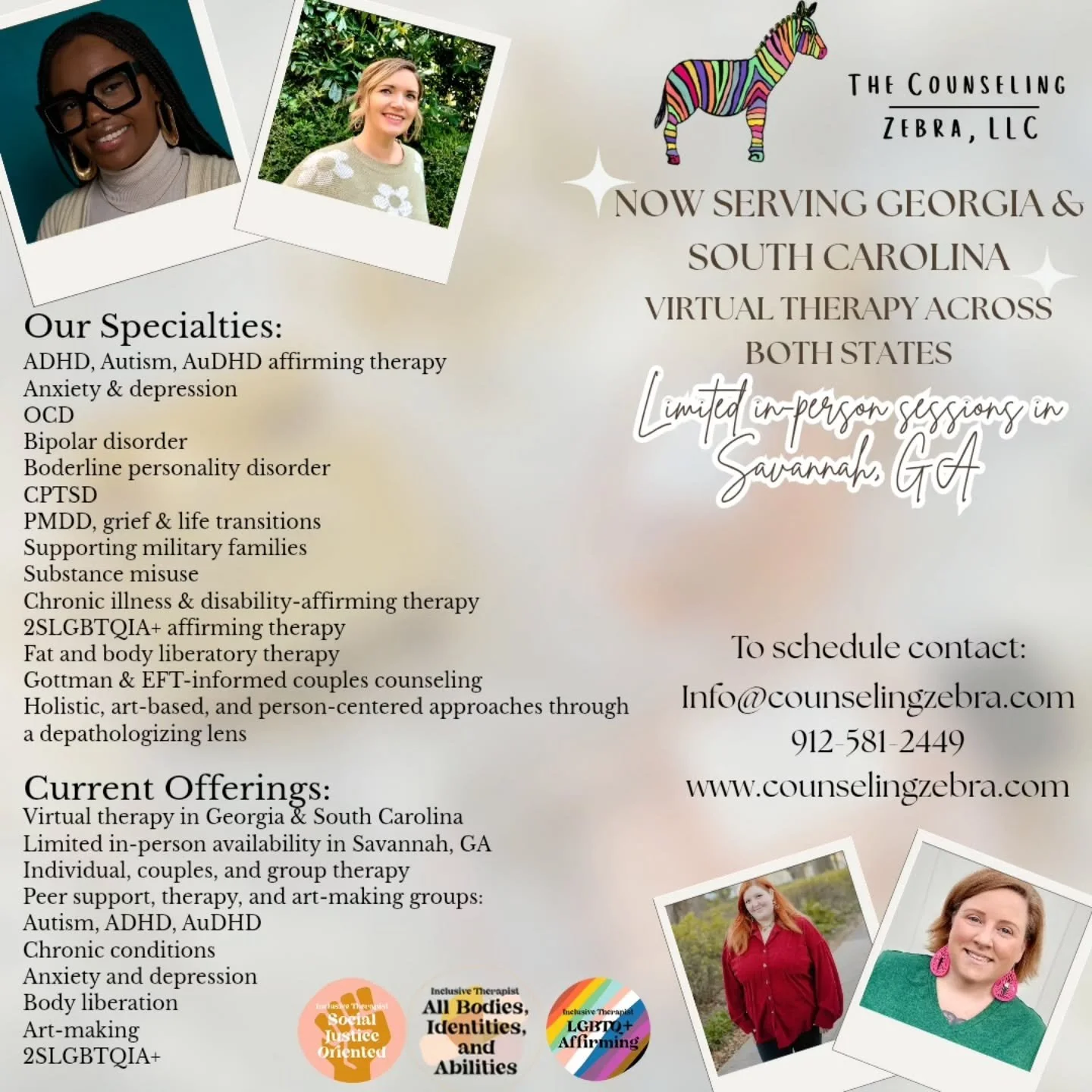 ✨️We&rsquo;re so excited to share that The Counseling Zebra is now offering virtual therapy across Georgia and South Carolina, with limited in-person availability in Savannah, GA! ✨️

🌈💚We specialize in person-centered, inclusive, empowering, and a