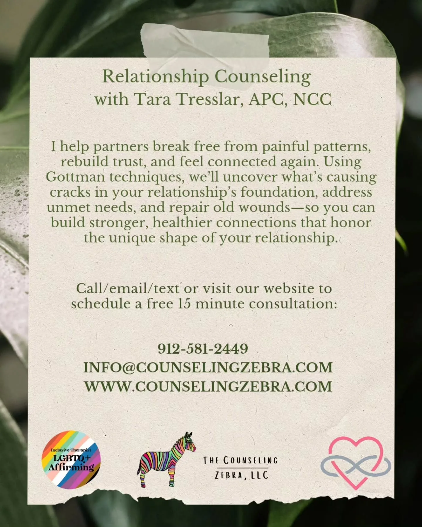 Tara Tresslar, APC, NCC offers inclusive, affirming relationship counseling to help you and your partner(s) rebuild trust, deepen emotional intimacy, and improve communication.

Using evidence-based Gottman techniques, Tara gently helps partners unco