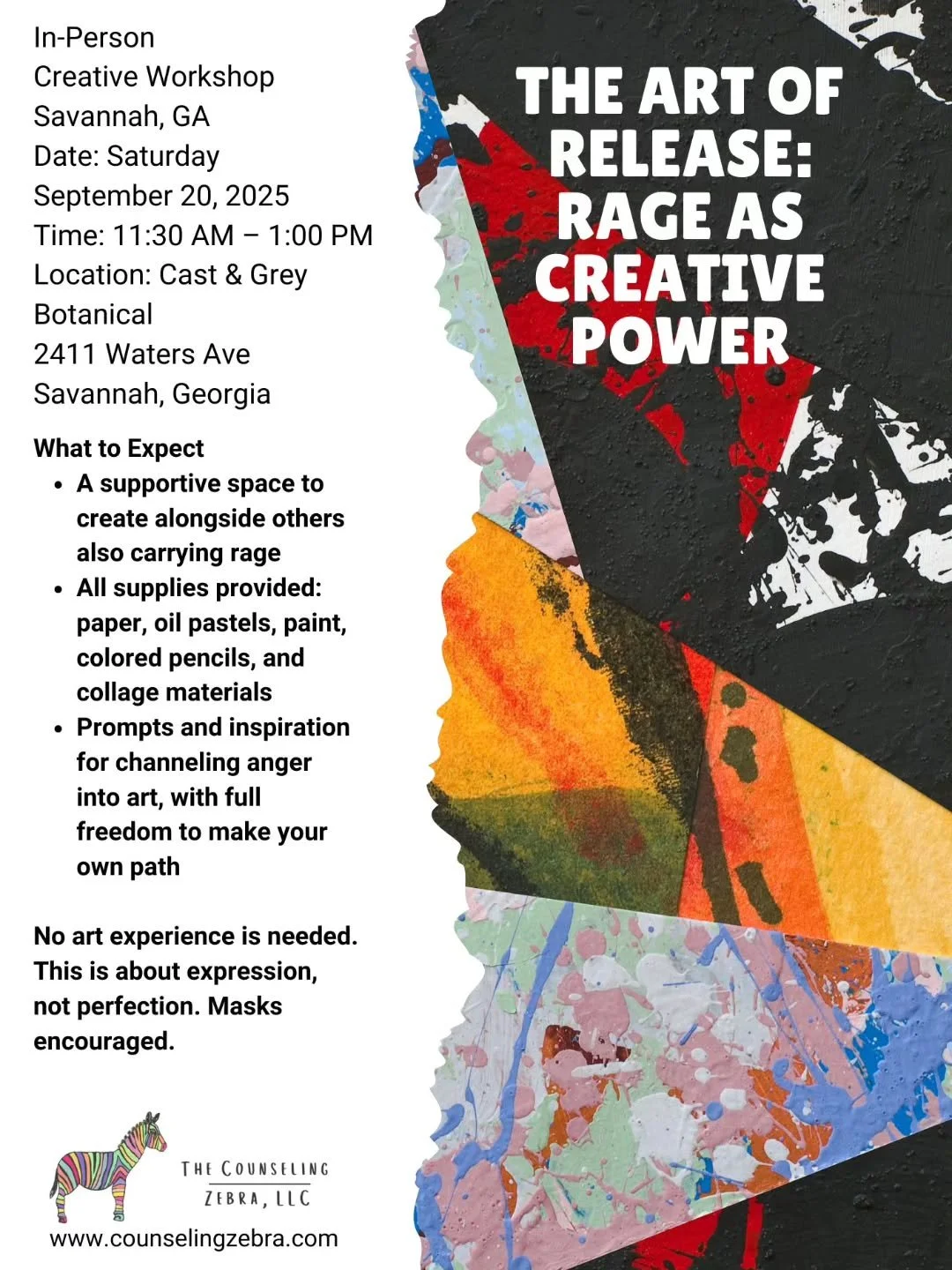 🔥 The art of release: Rage as Creative Power 🔥
 Sept 20 | 11:30 AM &ndash; 1:00 PM | Savannah, GA

Rage is real. It&rsquo;s valid. It carries immense power. In a world that often tells us to shrink, silence, or &ldquo;manage&rdquo; our anger, this 