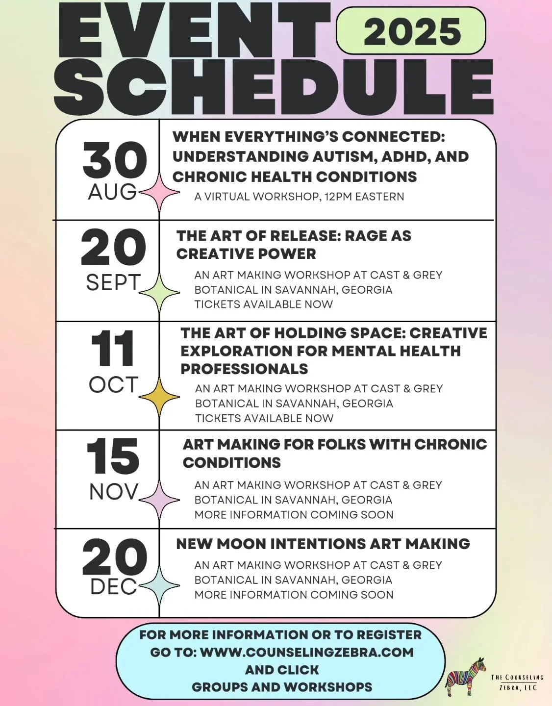 New updated dates for two events and updated info on the October event!

🌿UPCOMING WORKSHOPS&ndash;Fall/Winter 2025 🍂
At The Counseling Zebra, we believe creativity, community, and care go hand-in-hand. Whether you're navigating chronic illness, wo