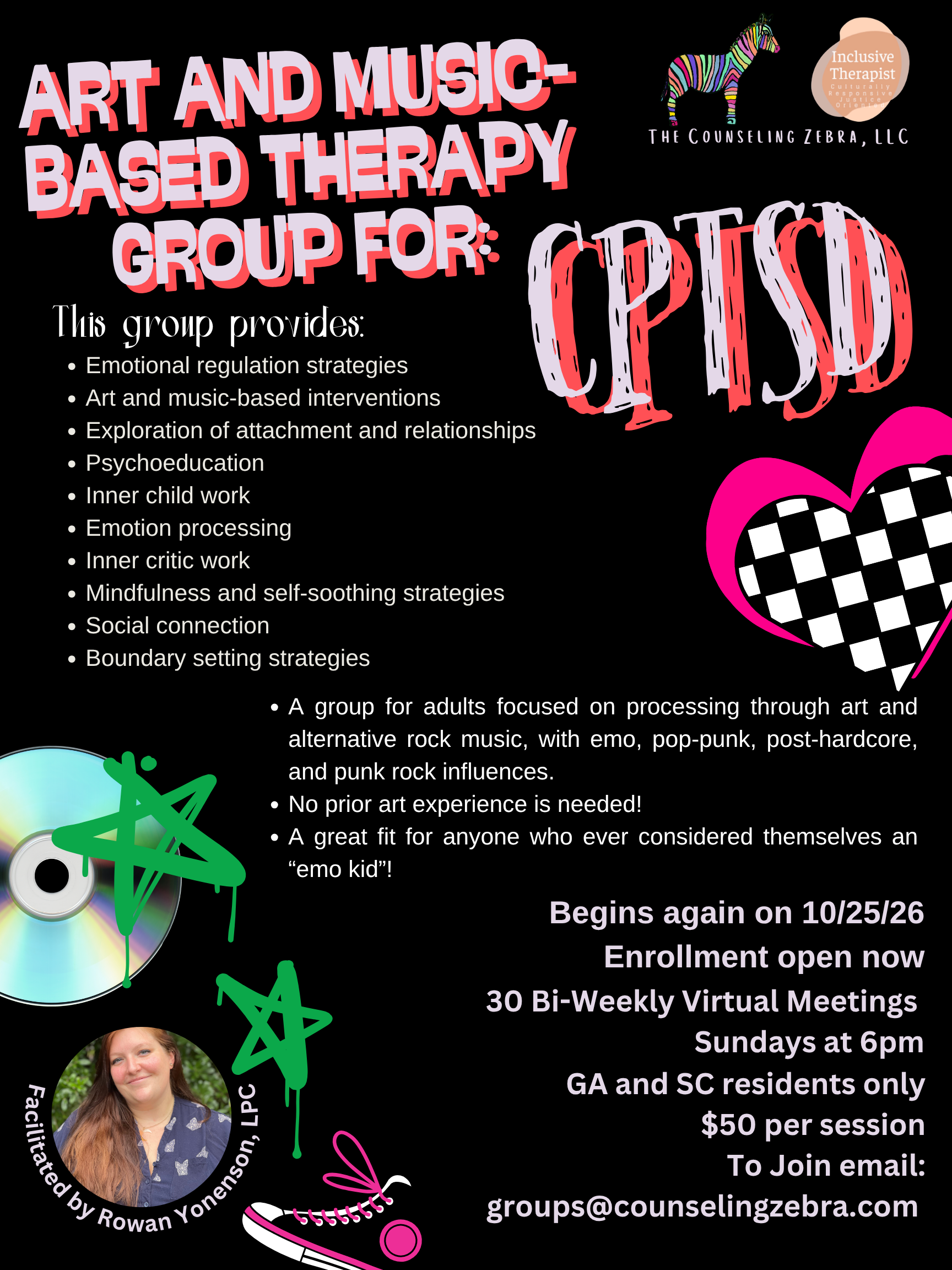 Poster advertising an art and music-based therapy group for adults focused on processing through art and alternative rock music. The poster features colorful graphics, including a zebra, heart, CD, and skateboard, and provides information about the group beginning on 10/25/26, with virtual meetings every Sunday at 6pm for GA and SC residents. Cost is $50 per session, with an email contact for enrollment.