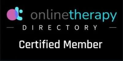 Logo of "Online Therapy Directory Certified Member" with stylized text and icon on a black background.