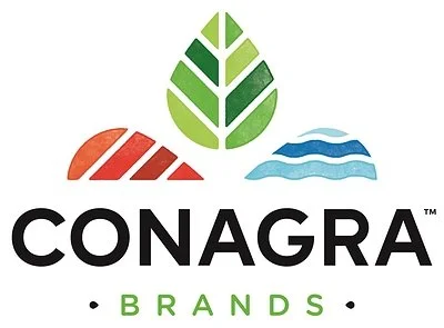 Conagra Brands logo featuring stylized leaves, a sunset, and waves in green, orange, and blue.