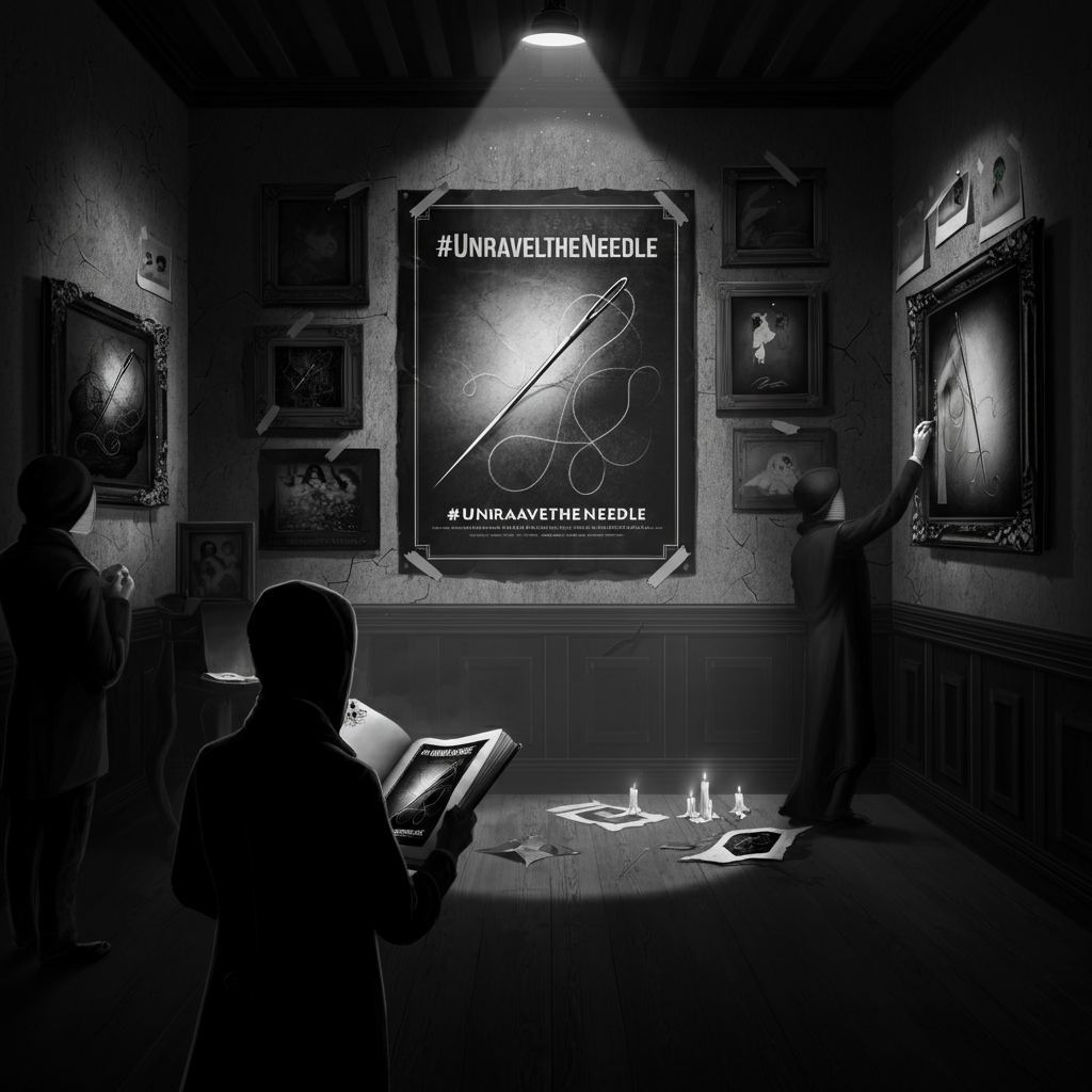 A creative workspace with a laptop showing a digital artwork or movie scene, surrounded by paintbrushes, colored pots, and drawing materials on a wooden desk. The text "Fan Art & Reviews," "Showcase Your Talent!" and hashtags like #UnravelTheNeedle are overlaid on the image. A sketch of a portrait is on the table, and there is a warm desk lamp lighting the scene.
