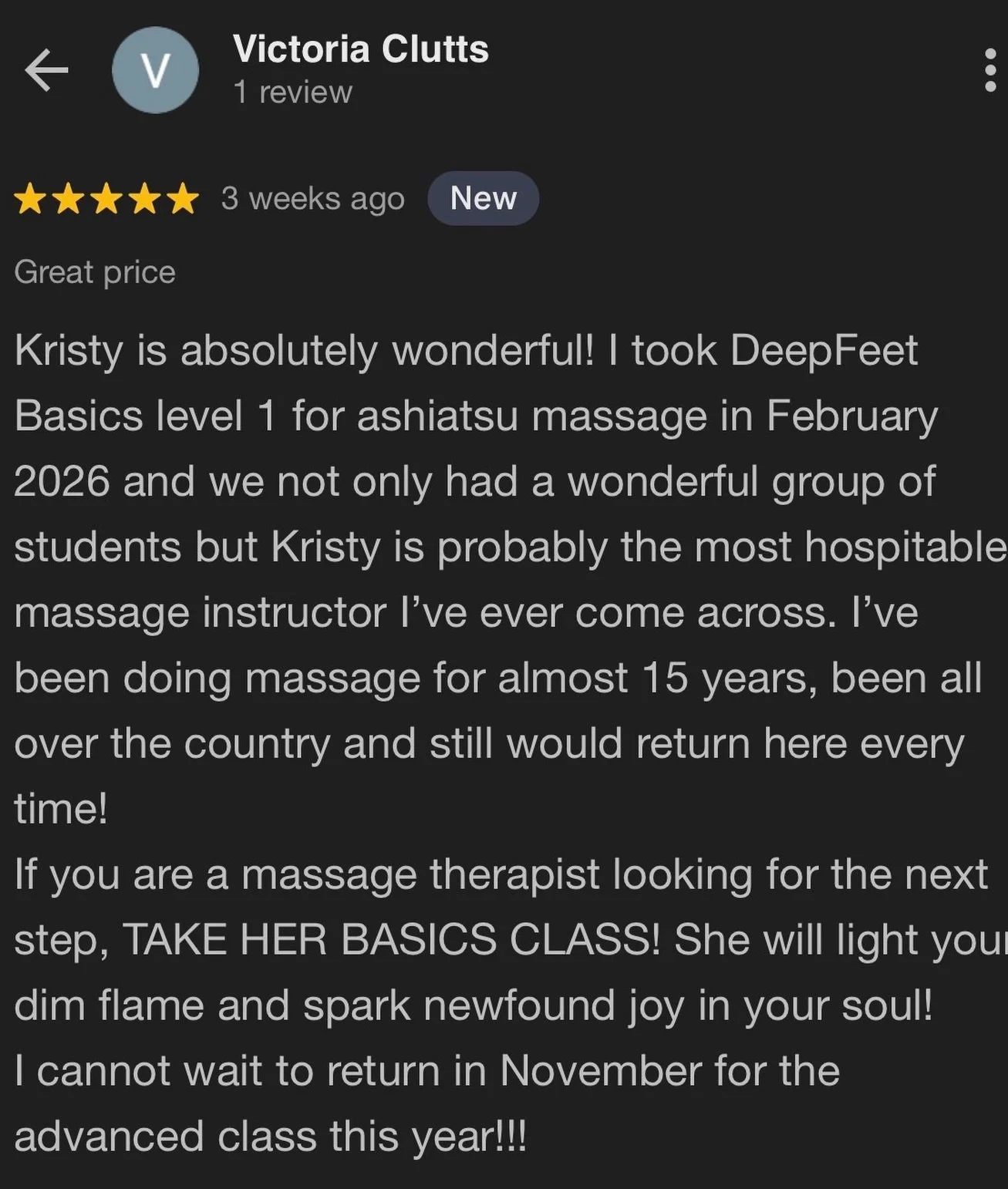 Testimonial Tuesday: Thank you sweet Victoria for your lovely review! 🥹&hearts;️🙏🏻 I look forward to seeing you return in November! 🤗