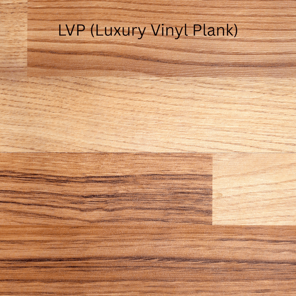 Close-up image of various wood veneers, with the text 'LVP (Luxury Vinyl Plank)' printed on the surface.