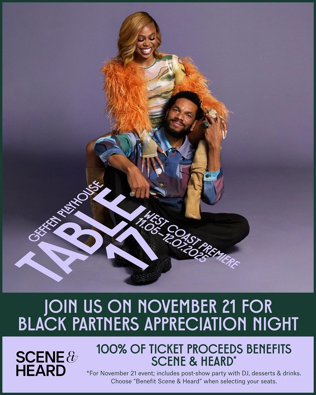 THEATER NIGHT OUT: Table 17 starring @gail__bean, @saybiko, &amp; @michaelrishawn on Nov 21st at the @geffenplayhouse. Perfect for date night or a night out with friends. Even better&mdash;100% of tickets from the night go to Scene &amp; Heard. Just 