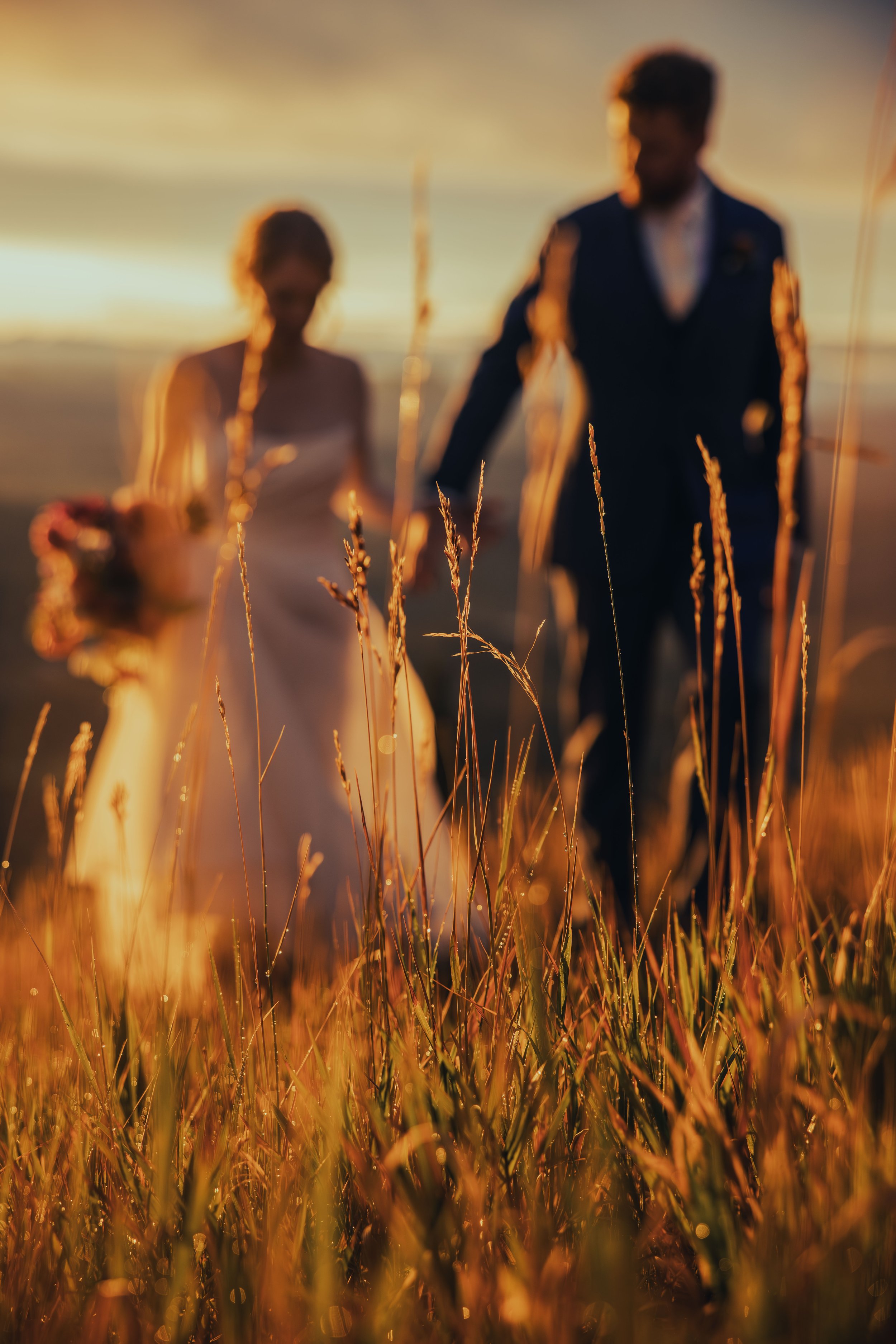 A blurred image of a couple holding hands walking through a field of tall grass during sunset.