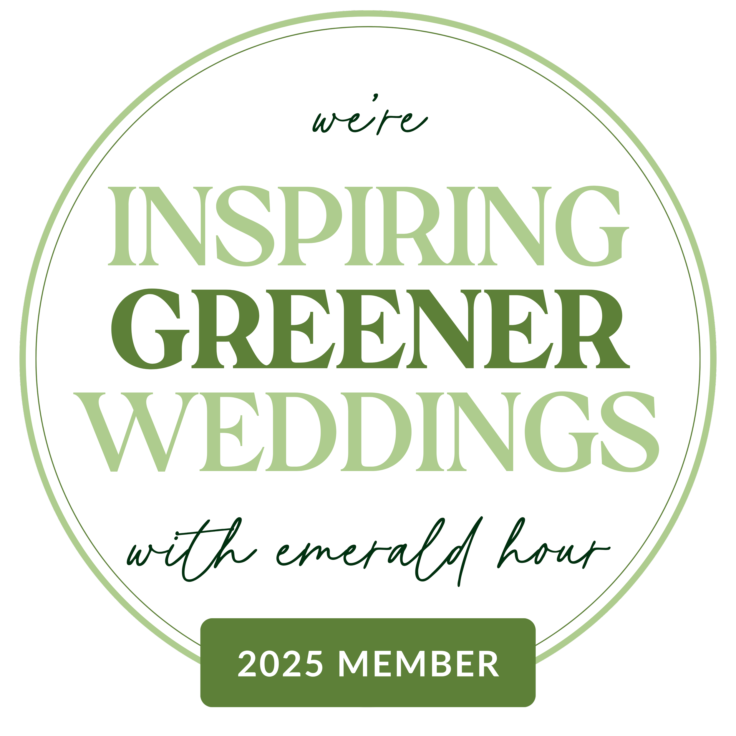A circular badge with green and white colors, containing wedding-related text about an eco-friendly wedding with emerald tone, and a 2025 member badge.